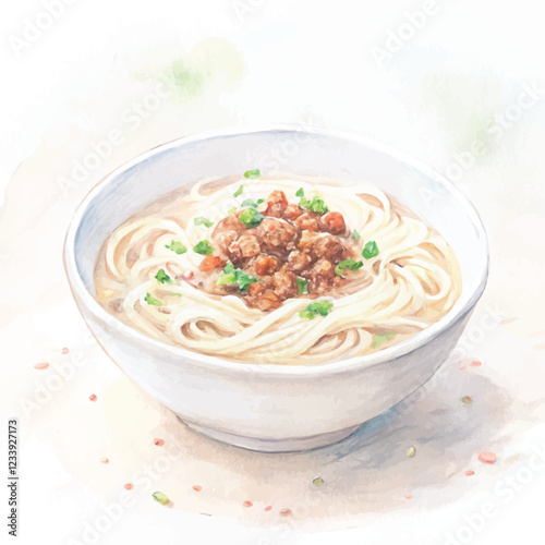 Watercolor-style illustration of spicy Dan Dan noodles served in a ceramic bowl