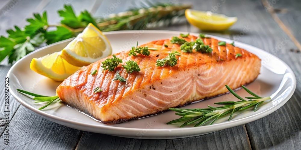 Fresh grilled salmon fillet on a plate, served with lemon and herbs , healthy eating, salmon, healthy eating Fresh grilled salmon fillet on a plate, served with lemon and herbs , healthy eating, salmon, healthy eating
