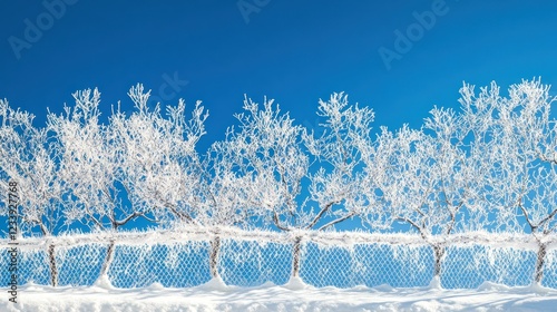 Frosty trees, winter fence, snow, blue sky, winter landscape, nature background