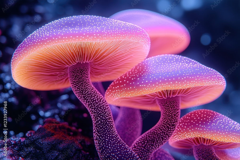 Fototapeta premium Vibrant mushrooms with glowing caps in a mystical forest setting.