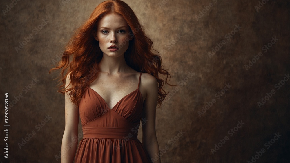 Fototapeta premium Woman in mocha mousse-colored dress against a dark background