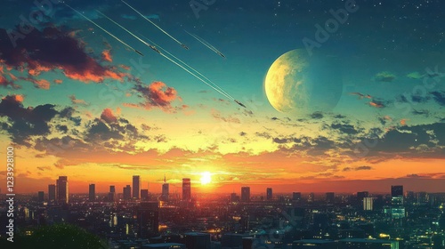 A vibrant retro-futuristic cityscape with sleek spacecrafts soaring through the sky and a large moon looming in the sunset.