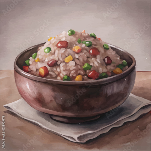 A mouthwatering watercolor painting of crispy fried rice with a light smoky aroma