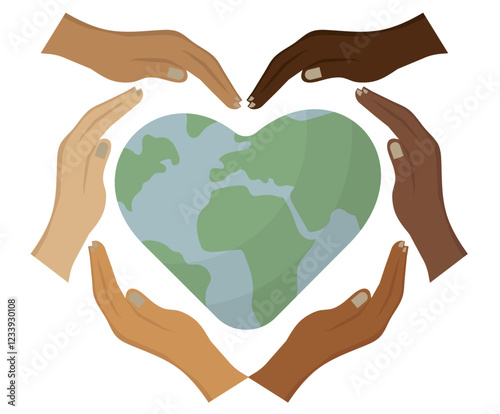 United Hands Protecting Heart-Shaped Earth Globe. diverse hands forming a protective circle around a heart-shaped Earth. Global unity, collective care and inclusion. Environment. Vector illustration