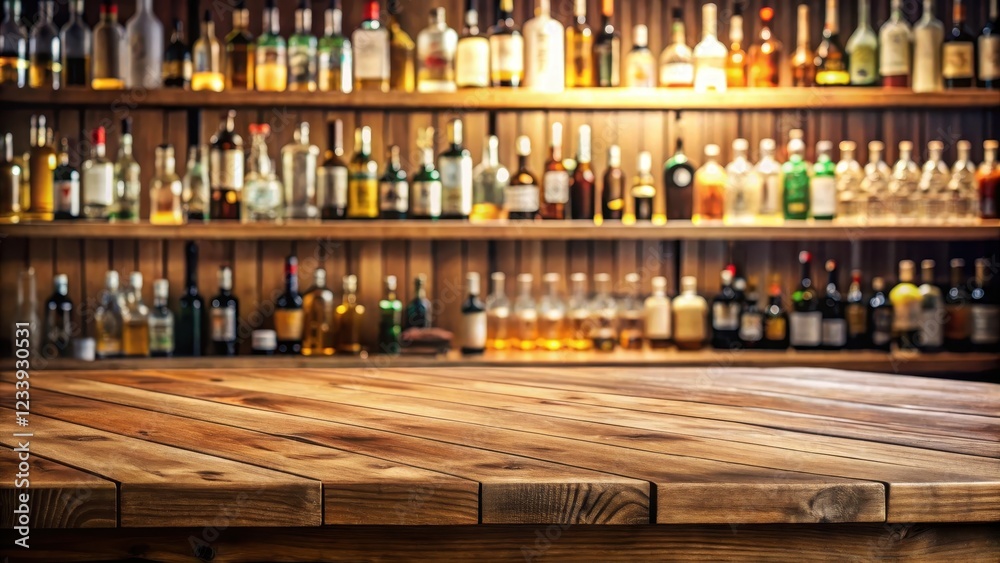 A wooden table with a clear top and blurred counter bar, surrounded by empty bottles in the background A wooden table with a clear top and blurred counter bar, surrounded by empty bottles in the background