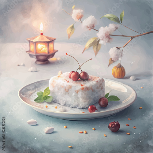 A mouth-watering watercolor painting of a coconut rice cake with a tender bite