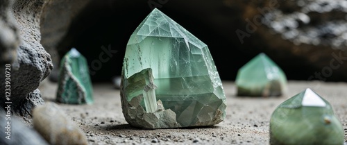 Muted seafoam green epidote stone in cave with close up background photo