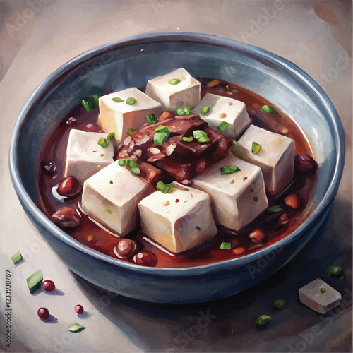 A mouthwatering watercolor painting of Mapo Tofu with green onions and chili oil