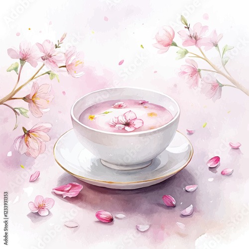 A mouthwatering watercolor painting of Peach Blossom Soup with petals gently falling