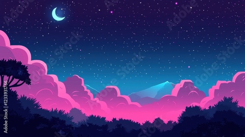 Night Sky Landscape with Pink Clouds and Crescent Moon