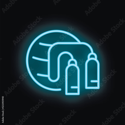 Blue neon sign representing a gym with dumbbells and a fitness ball for workout, on a black background