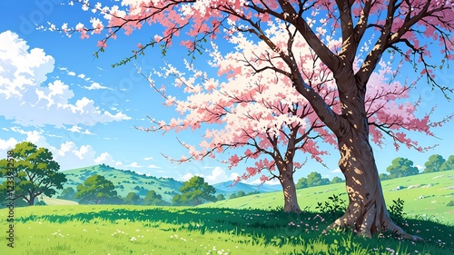 Beautiful Blossom Trees in a Scenic Meadow under a Bright Blue Sky photo