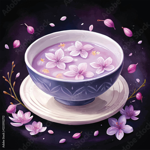 A vibrant watercolor depiction of a bowl of peach blossom soup surrounded by blooming trees