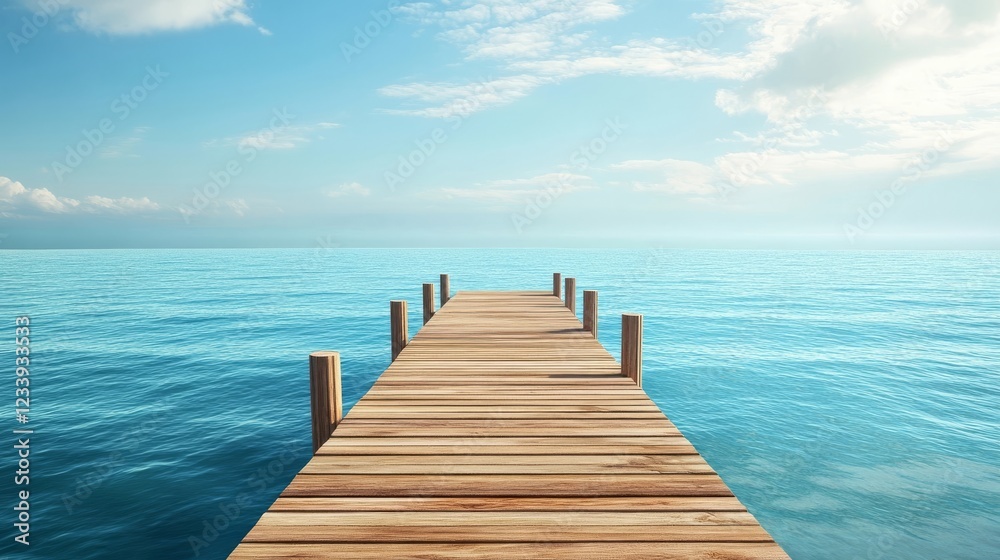 Wooden pier extending into calm ocean waters under a clear blue sky with soft clouds in daylight Wooden pier extending into calm ocean waters under a clear blue sky with soft clouds in daylight