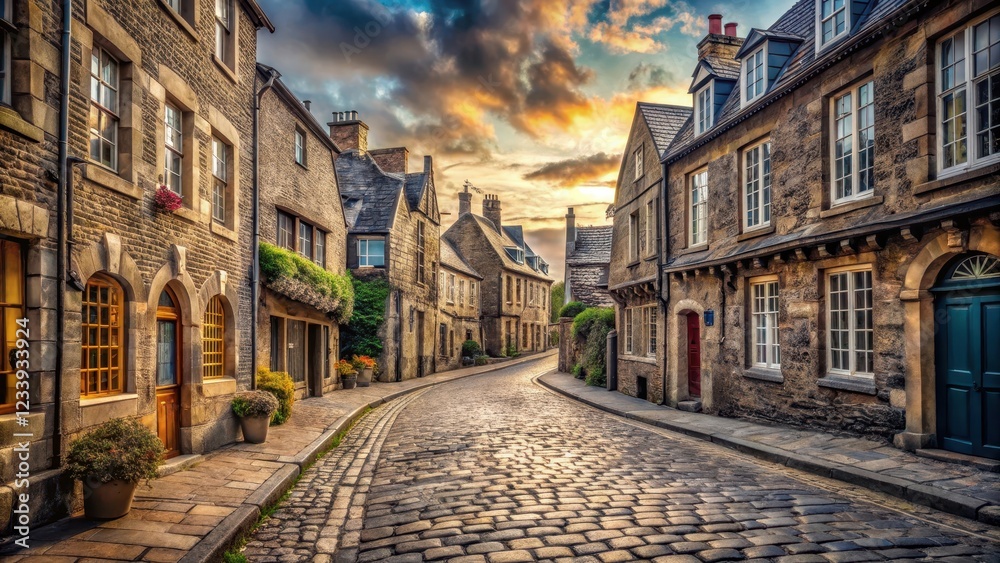 Naklejka premium Winding cobblestone street with old buildings and historic architecture, historic city