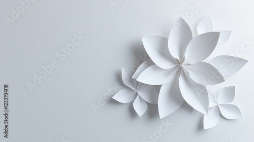 A white paper cutout of a blooming spring flower, designed with origami techniques, creates an abstract and artistic decoration.