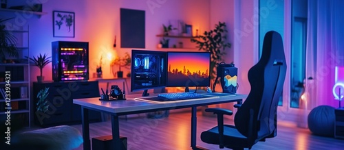 Cozy home gaming room setup with neon lights.