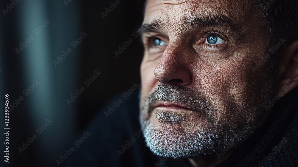 Obraz premium Contemplative elderly man gazing out the window in a dimly lit room during late afternoon
