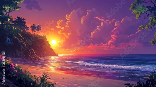 Vibrant sunset illuminates a serene beach with palm trees and gentle waves in a tropical paradise