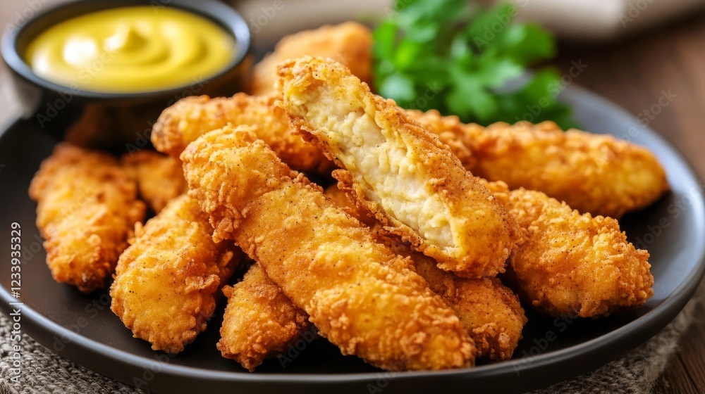 Crispy fried chicken strips served on a black plate with mustard sauce and fresh herbs in a cozy setting Crispy fried chicken strips served on a black plate with mustard sauce and fresh herbs in a cozy setting