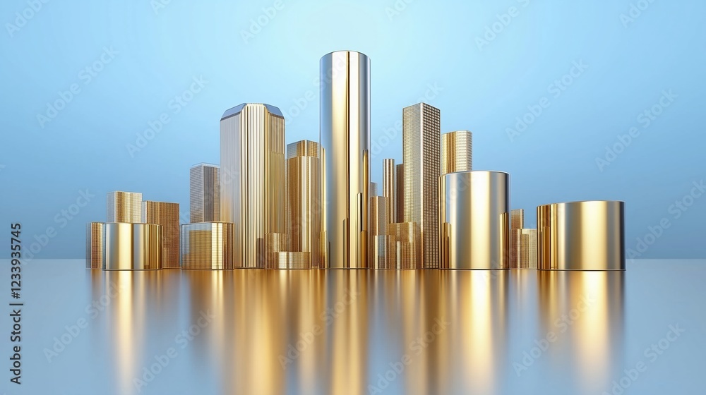 Golden cityscape model reflecting on a shiny surface with a blue background. Concept of wealth, progress, and luxury. Golden cityscape model reflecting on a shiny surface with a blue background. Concept of wealth, progress, and luxury.