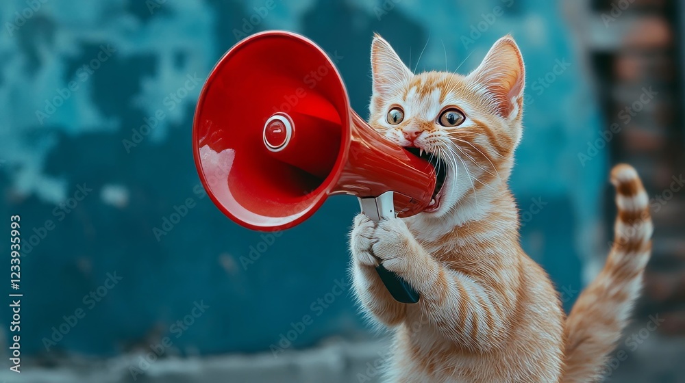 Fototapeta premium Curious orange kitten holds a red megaphone in a playful outdoor setting while looking inquisitively at its surroundings