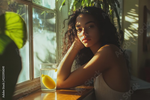 A young woman leaning against a windowsill, her glass of lemon water catching the morning light in her serene home setting.