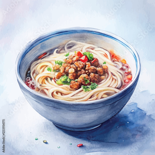 Artistic watercolor rendering of Dan Dan noodles in a rich, aromatic sauce