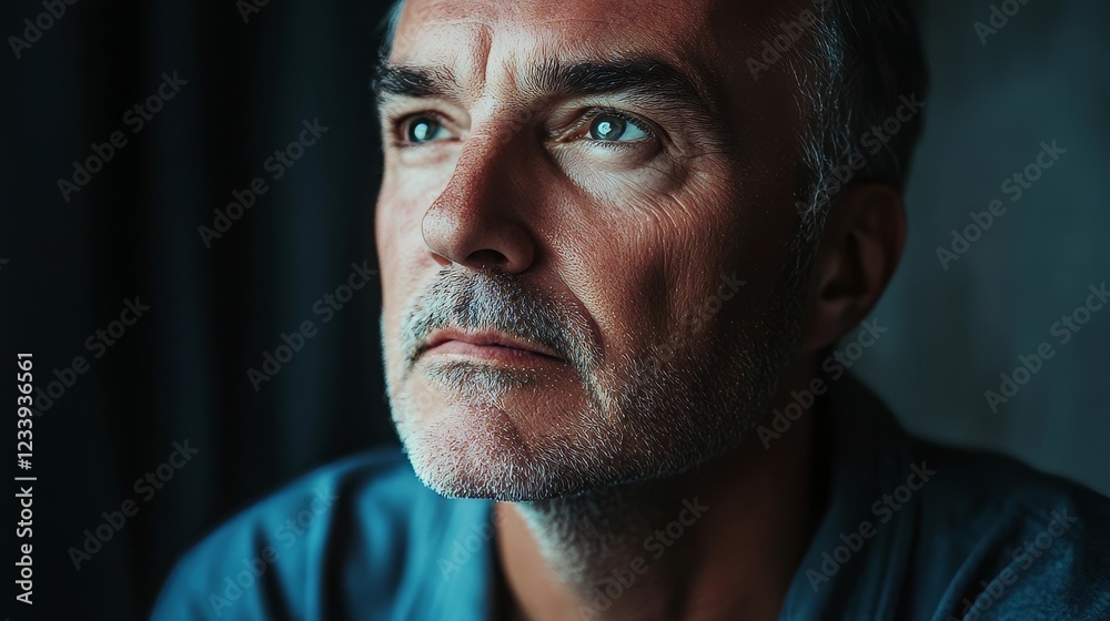 Fototapeta premium Reflective moment of a mature man in a dimly lit indoor space