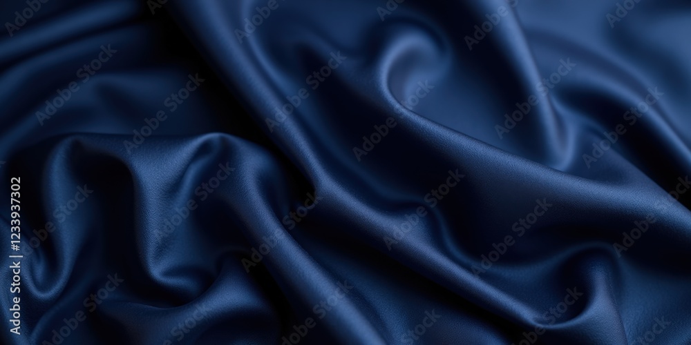 Fototapeta premium Luscious navy blue satin reveals its opulent sheen in a close-up view. Its smooth yet slightly wrinkled texture evokes luxury, capturing light and shadow gracefully