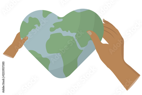 Global Unity Hands Holding Heart-Shaped Earth Illustration. Child hand and adult hand. Global unity, environmental care, and worldwide solidarity. Humanitarian aid concept. Vector illustration.