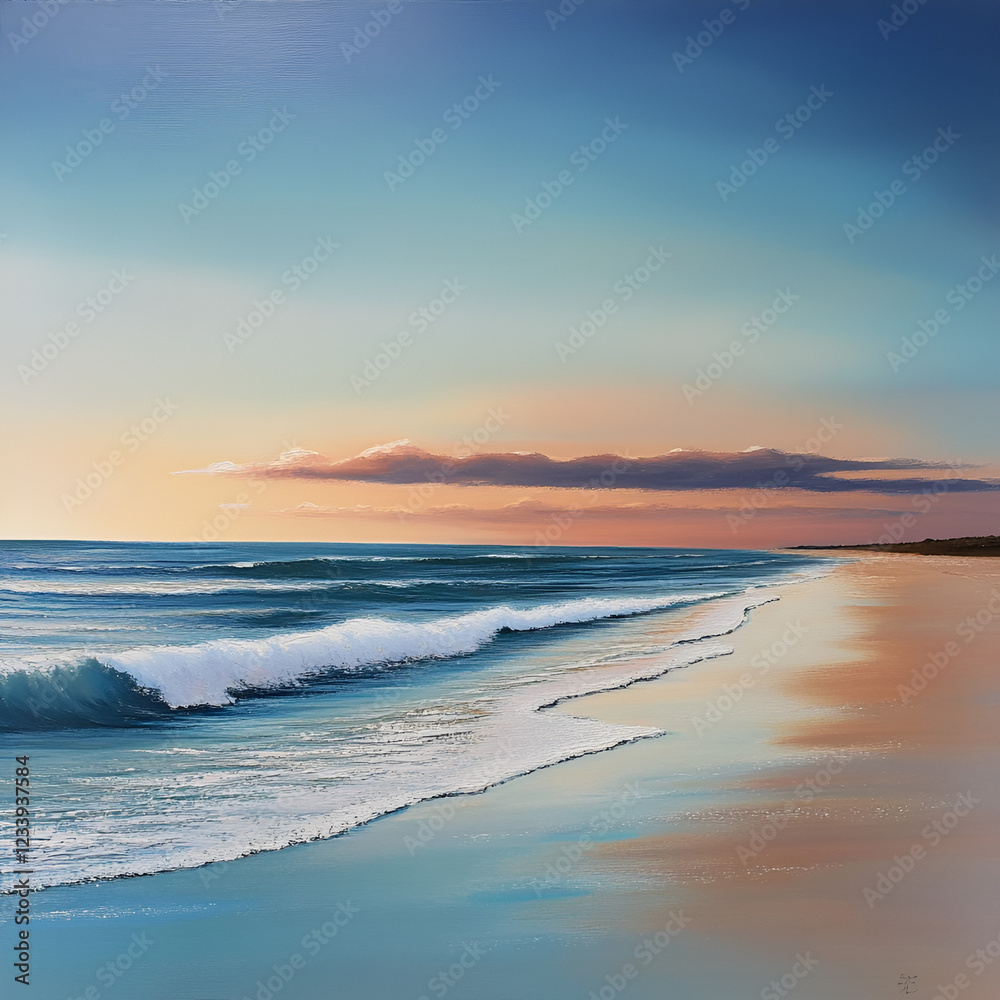 Fototapeta premium Coastal Serenity: Painting of the Sea and Beach at Sunset - A tranquil beach scene. Captures the soothing essence of the coast with a soft palette of blues, and hints of orange and pink.