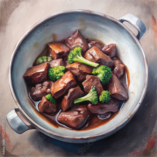 Delicious beef with broccoli dish captured in a detailed watercolor style
