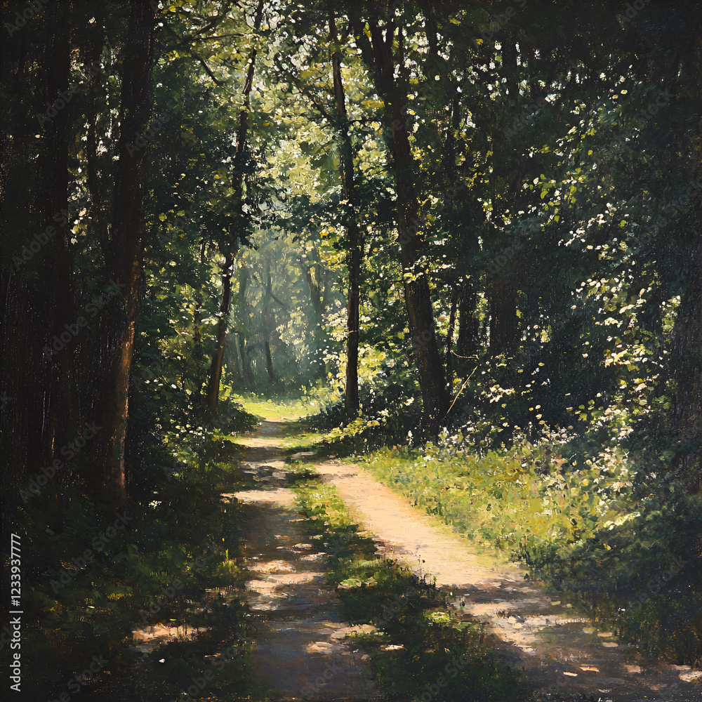 Obraz premium Sun-Dappled Path: Journey through the heart of a serene forest, sunlight filtering through the leaves to illuminate a path. A tranquil escape, evoking peace and connection with nature.