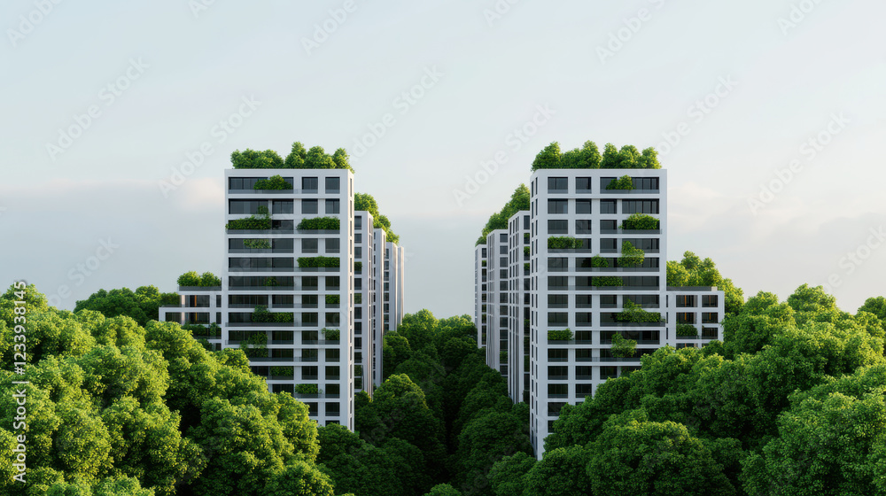 Futuristic cityscape with green buildings surrounded by lush trees Futuristic cityscape with green buildings surrounded by lush trees