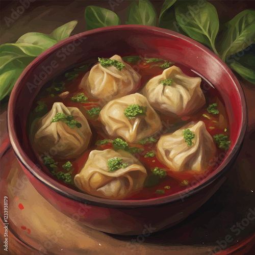 Realistic watercolor illustration of Wonton Soup with a fragrant, clear broth