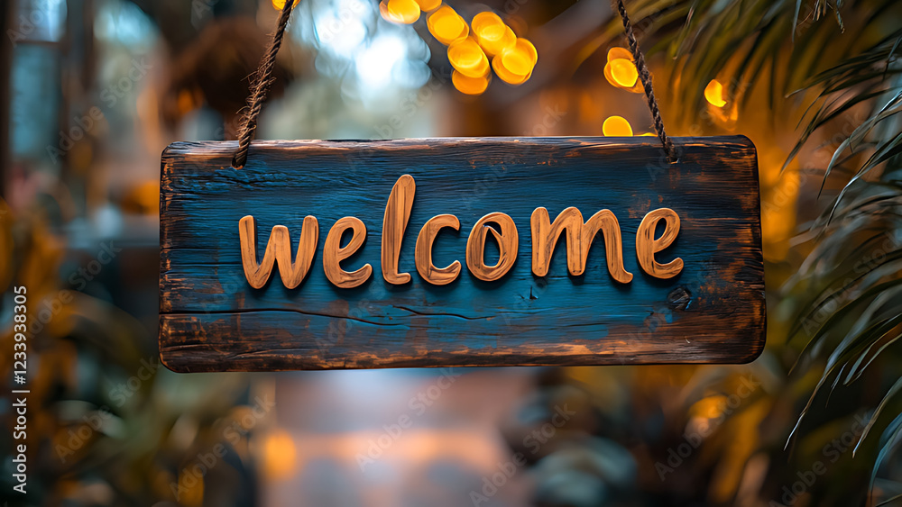 custom made wallpaper toronto digitalHanging wooden sign saying "welcome", blurred background.