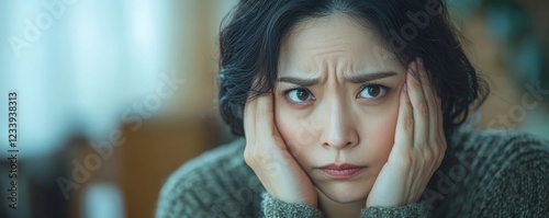 Sleepless Asian woman looking her face in the mirror and worry about dark circles under eyes