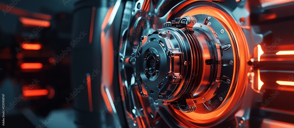 Fototapeta premium Detailed view of futuristic metal mechanism with orange glow.
