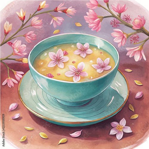 Traditional Peach Blossom Soup painted in a soft and serene watercolor style