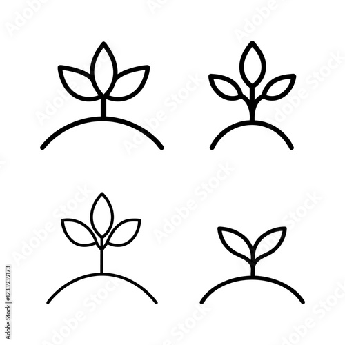A set of four black line icons of plants growing on curved mounds, each with a unique leaf structure
