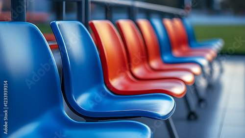 Red and blue waiting chairs, blurred background.