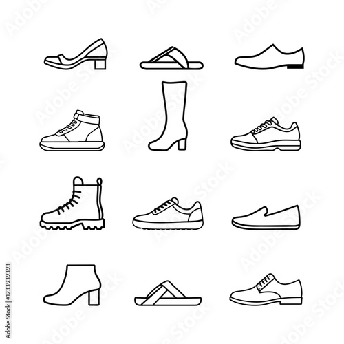 Twelve detailed line icons representing various footwear styles, including heels, boots, sneakers, and loafers