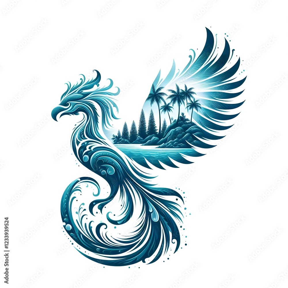 Fototapeta premium AI Generate of Mythical Phoenix Shape Art Silhouette with Natural Element such as Wind, Tree, Water, Animal, Wood, Sun, Moon, isolate in white.