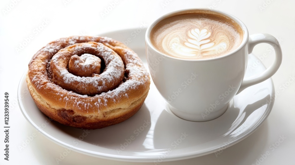 Freshly baked cinnamon roll served with latte on a white plate Freshly baked cinnamon roll served with latte on a white plate