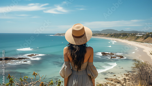 Seen from behind is a woman with black hair, wearing glasses and a hat with a panoramic view of the bright and clear beach.