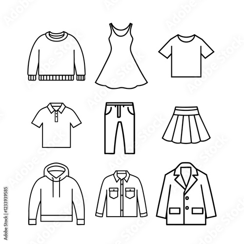 A collection of nine line icons depicting different clothing items, including dresses, jackets, and pants