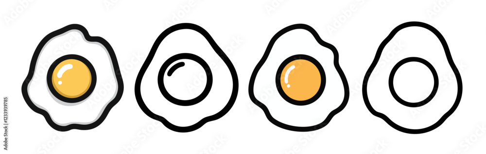 A set of four fried egg line icons with different yolk and outline styles, including solid and outlined shapes A set of four fried egg line icons with different yolk and outline styles, including solid and outlined shapes