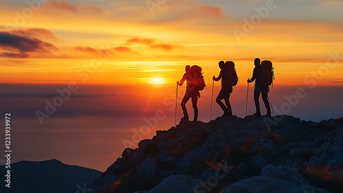 Silhouettes of three climbers at the top of the mountain, holding sticks to help them climb, sunset rays. The backdrop is a vast ocean horizon, adding depth and majesty to the view.