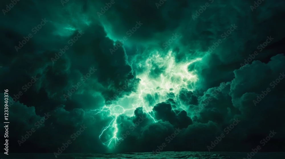 Ominous storm clouds illuminate with bright lightning over a dark ocean at night Ominous storm clouds illuminate with bright lightning over a dark ocean at night